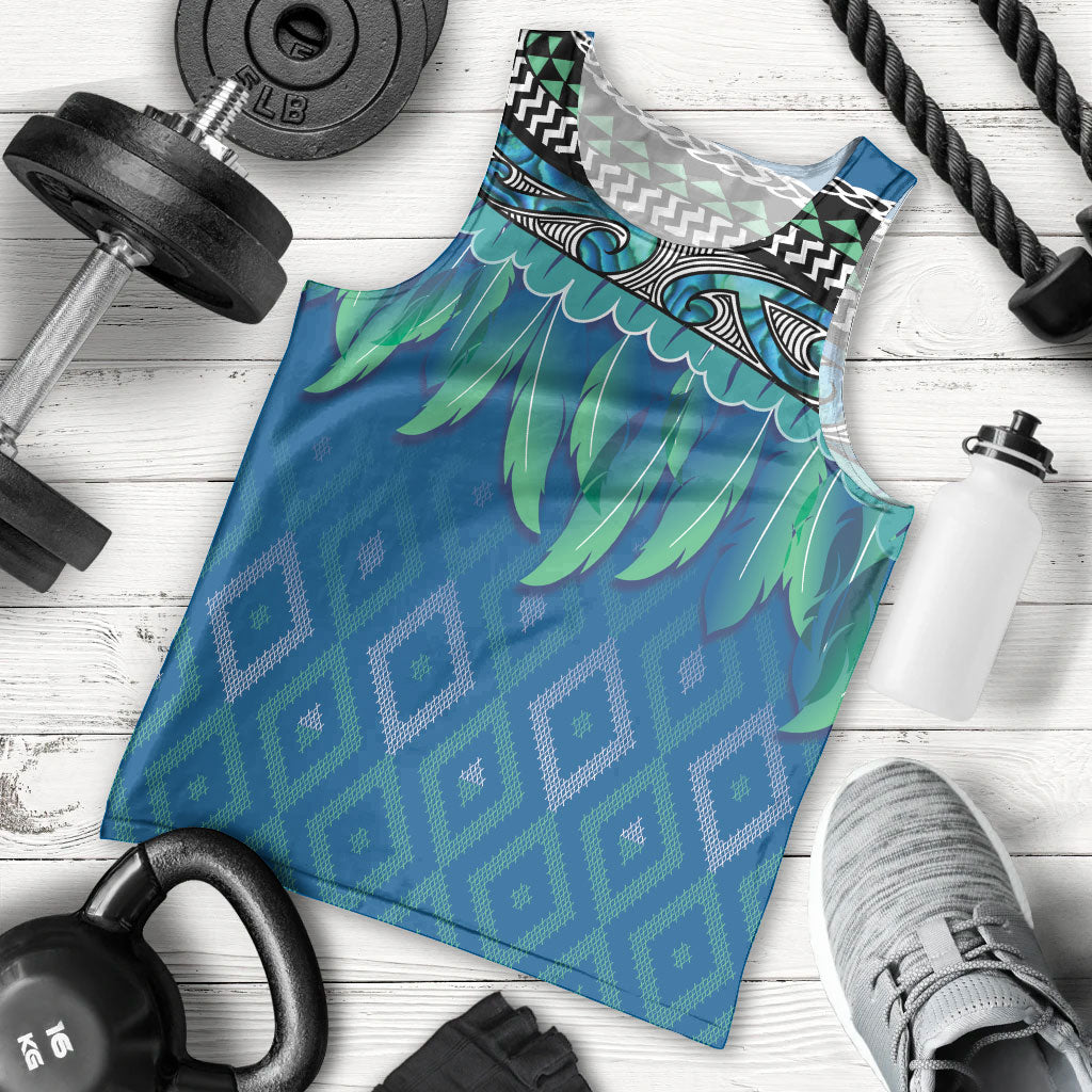 Aotearoa Maori Ngati Kahungunu Iwi Paua Blue Men Tank Top Korowai Tukutuku Kaokao Motifs
