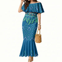 Aotearoa Maori Ngati Kahungunu Iwi Paua Blue Mermaid Dress Korowai Tukutuku Kaokao Motifs