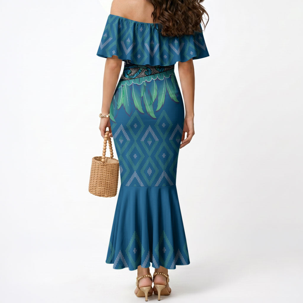 Aotearoa Maori Ngati Kahungunu Iwi Paua Blue Mermaid Dress Korowai Tukutuku Kaokao Motifs