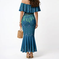 Aotearoa Maori Ngati Kahungunu Iwi Paua Blue Mermaid Dress Korowai Tukutuku Kaokao Motifs