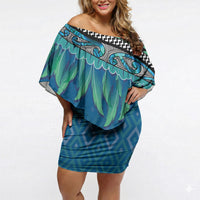 Aotearoa Maori Ngati Kahungunu Iwi Paua Blue Off Shoulder Short Dress Korowai Tukutuku Kaokao Motifs