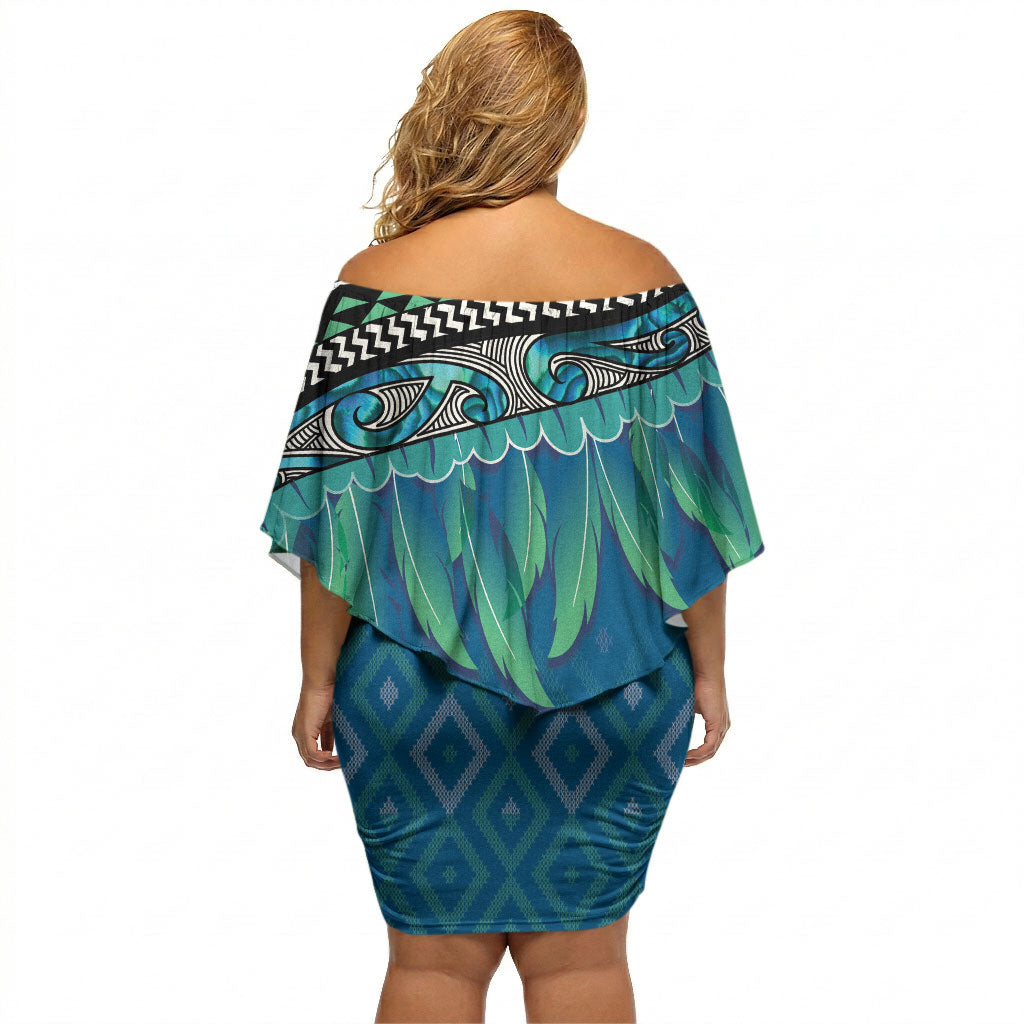 Aotearoa Maori Ngati Kahungunu Iwi Paua Blue Off Shoulder Short Dress Korowai Tukutuku Kaokao Motifs