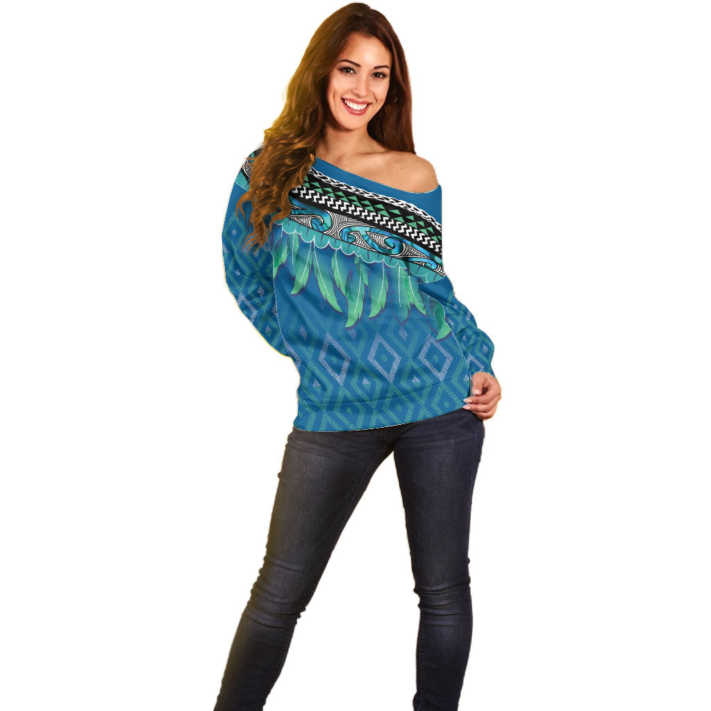 Aotearoa Maori Ngati Kahungunu Iwi Paua Blue Off Shoulder Sweater Korowai Tukutuku Kaokao Motifs