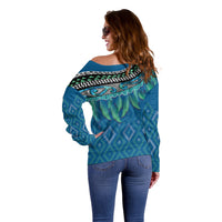 Aotearoa Maori Ngati Kahungunu Iwi Paua Blue Off Shoulder Sweater Korowai Tukutuku Kaokao Motifs