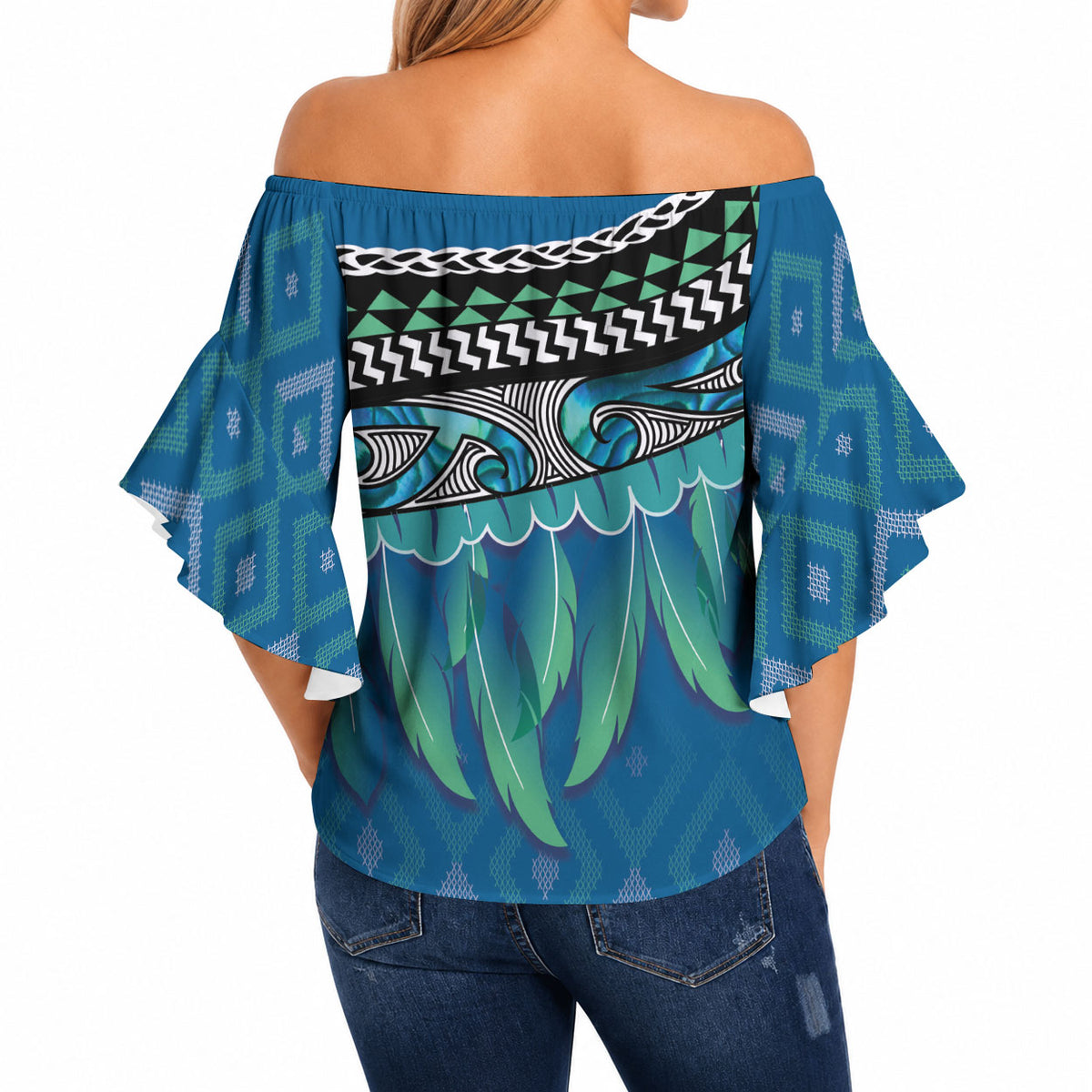 Aotearoa Maori Ngati Kahungunu Iwi Paua Blue Off Shoulder Wrap Waist Top Korowai Tukutuku Kaokao Motifs
