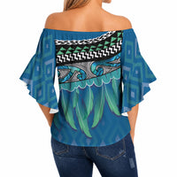 Aotearoa Maori Ngati Kahungunu Iwi Paua Blue Off Shoulder Wrap Waist Top Korowai Tukutuku Kaokao Motifs