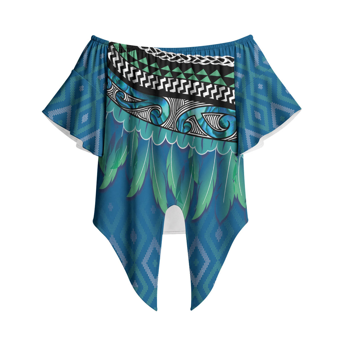 Aotearoa Maori Ngati Kahungunu Iwi Paua Blue Off Shoulder Wrap Waist Top Korowai Tukutuku Kaokao Motifs