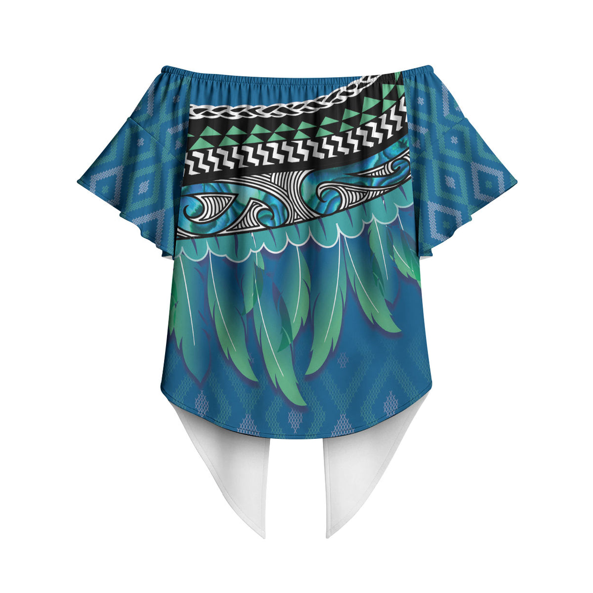 Aotearoa Maori Ngati Kahungunu Iwi Paua Blue Off Shoulder Wrap Waist Top Korowai Tukutuku Kaokao Motifs