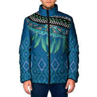 Aotearoa Maori Ngati Kahungunu Iwi Paua Blue Padded Jacket Korowai Tukutuku Kaokao Motifs