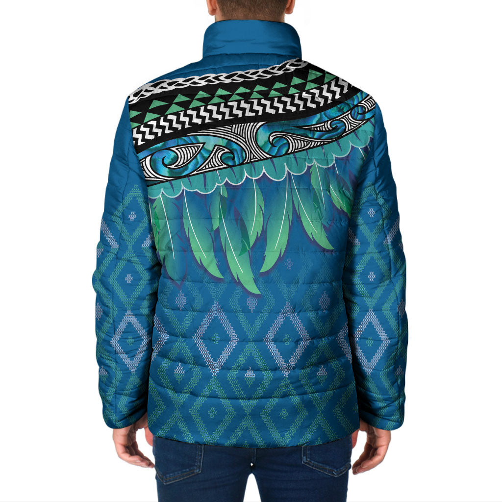 Aotearoa Maori Ngati Kahungunu Iwi Paua Blue Padded Jacket Korowai Tukutuku Kaokao Motifs
