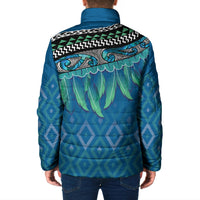 Aotearoa Maori Ngati Kahungunu Iwi Paua Blue Padded Jacket Korowai Tukutuku Kaokao Motifs