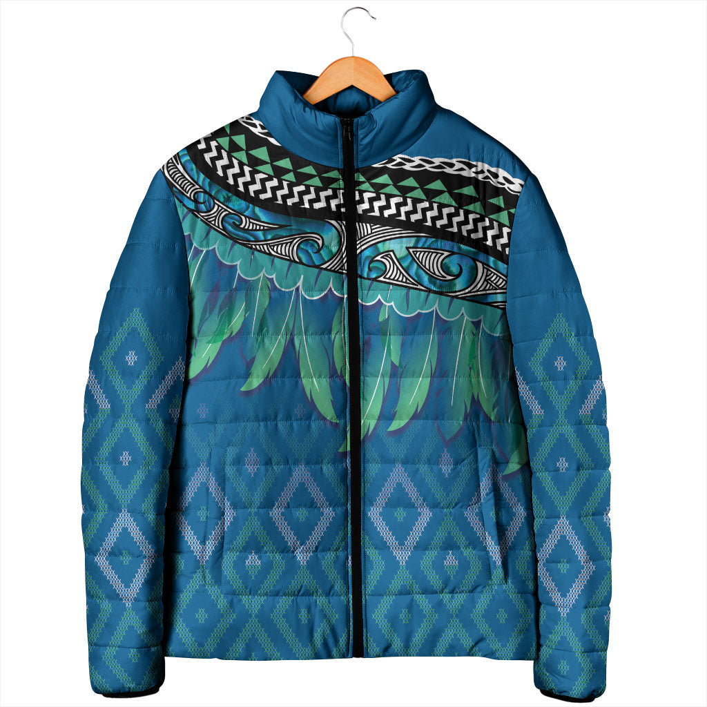 Aotearoa Maori Ngati Kahungunu Iwi Paua Blue Padded Jacket Korowai Tukutuku Kaokao Motifs
