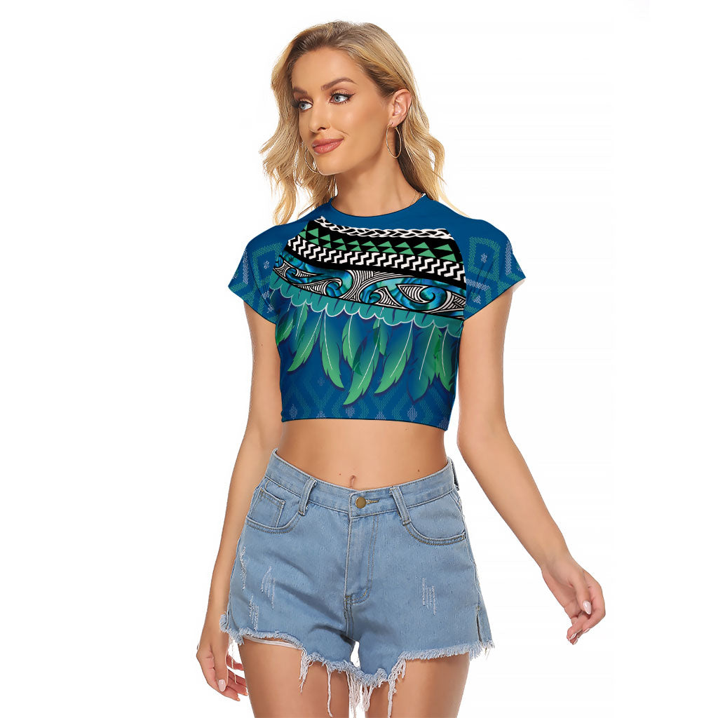Aotearoa Maori Ngati Kahungunu Iwi Paua Blue Raglan Cropped T Shirt Korowai Tukutuku Kaokao Motifs
