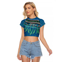 Aotearoa Maori Ngati Kahungunu Iwi Paua Blue Raglan Cropped T Shirt Korowai Tukutuku Kaokao Motifs
