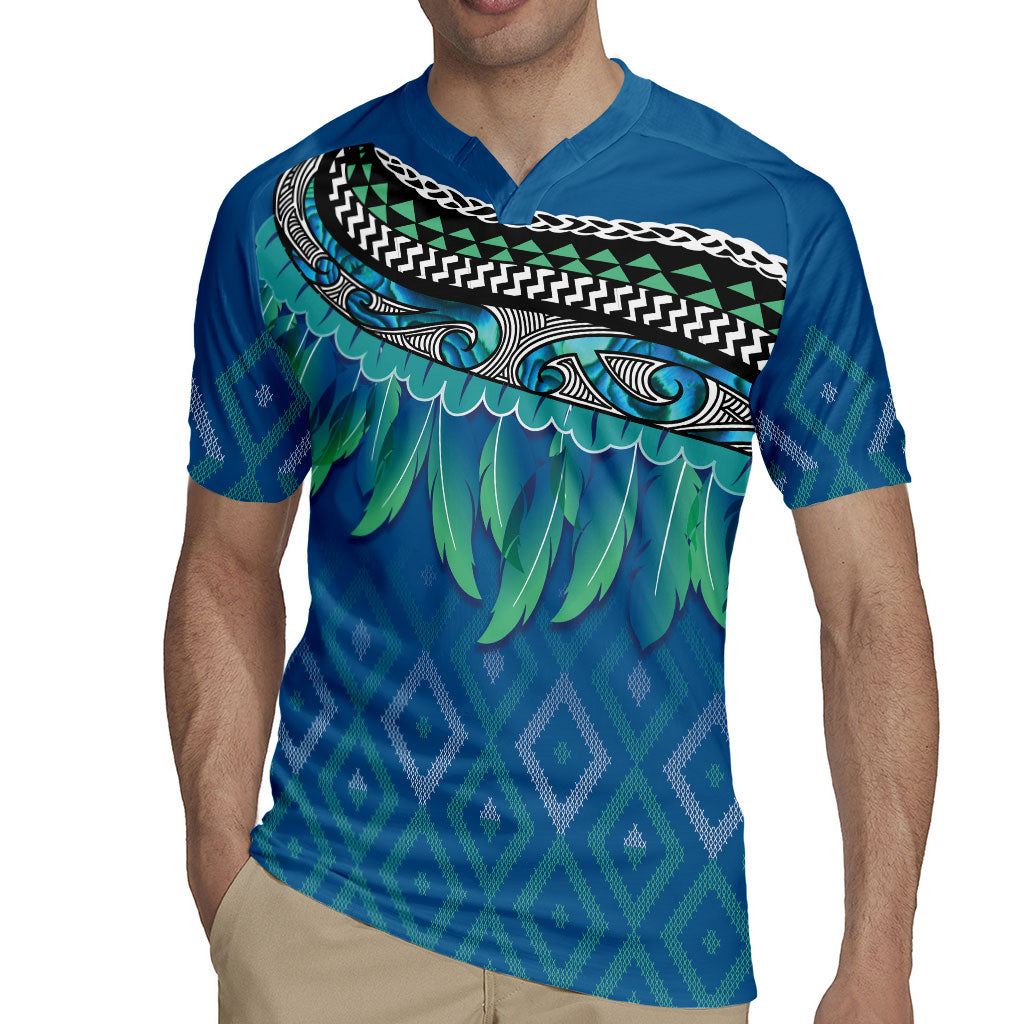 Aotearoa Maori Ngati Kahungunu Iwi Paua Blue Rugby Jersey Korowai Tukutuku Kaokao Motifs