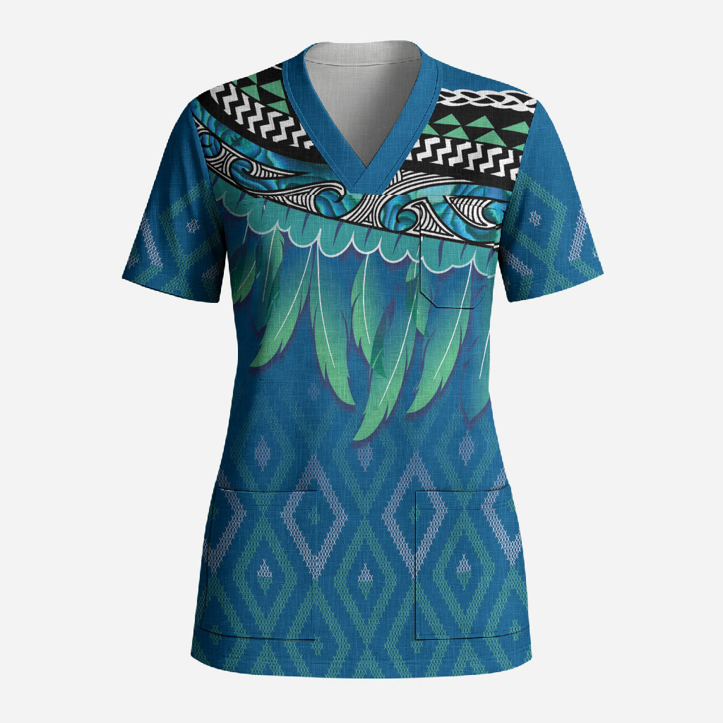 Aotearoa Maori Ngati Kahungunu Iwi Paua Blue Scrub Top Korowai Tukutuku Kaokao Motifs