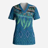 Aotearoa Maori Ngati Kahungunu Iwi Paua Blue Scrub Top Korowai Tukutuku Kaokao Motifs