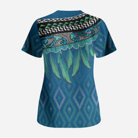 Aotearoa Maori Ngati Kahungunu Iwi Paua Blue Scrub Top Korowai Tukutuku Kaokao Motifs