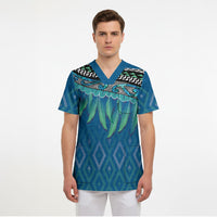 Aotearoa Maori Ngati Kahungunu Iwi Paua Blue Scrub Top Korowai Tukutuku Kaokao Motifs