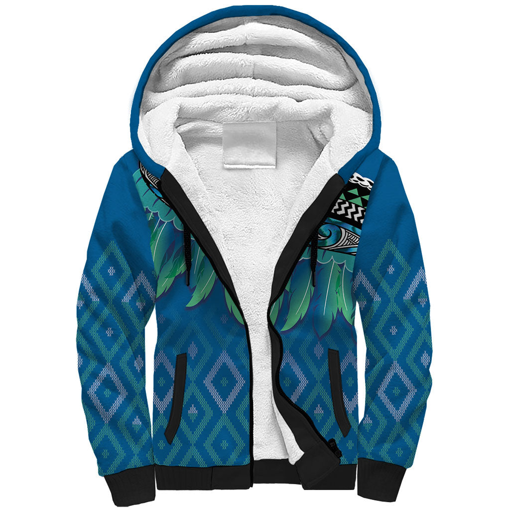 Aotearoa Maori Ngati Kahungunu Iwi Paua Blue Sherpa Hoodie Korowai Tukutuku Kaokao Motifs