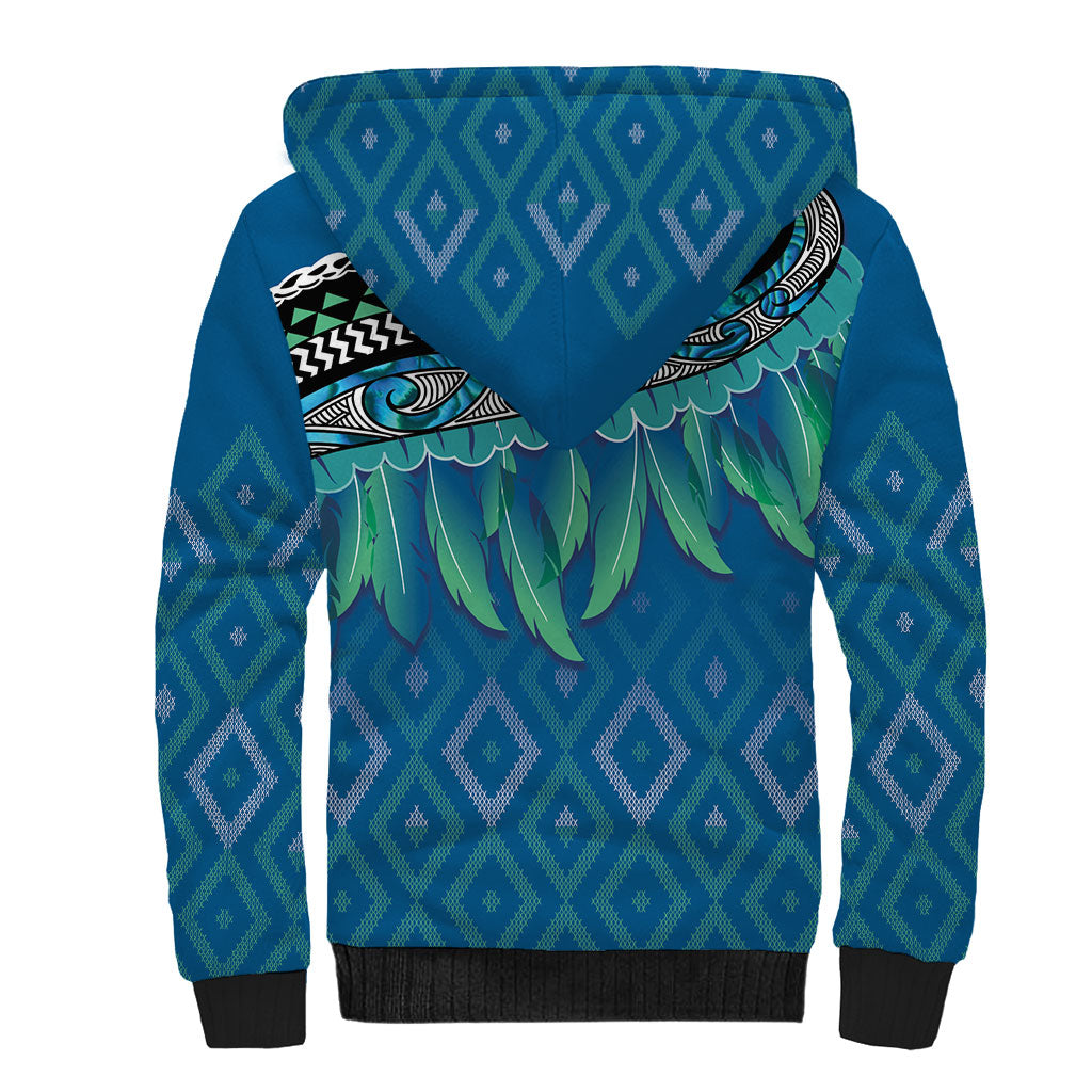 Aotearoa Maori Ngati Kahungunu Iwi Paua Blue Sherpa Hoodie Korowai Tukutuku Kaokao Motifs