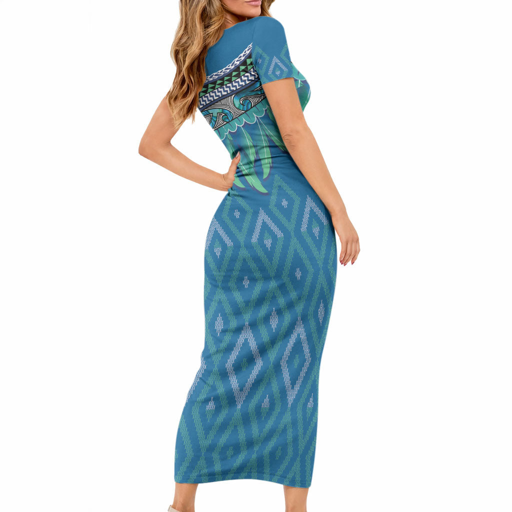 Aotearoa Maori Ngati Kahungunu Iwi Paua Blue Short Sleeve Bodycon Dress Korowai Tukutuku Kaokao Motifs