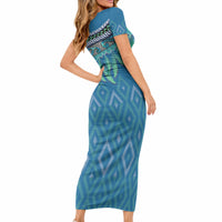 Aotearoa Maori Ngati Kahungunu Iwi Paua Blue Short Sleeve Bodycon Dress Korowai Tukutuku Kaokao Motifs