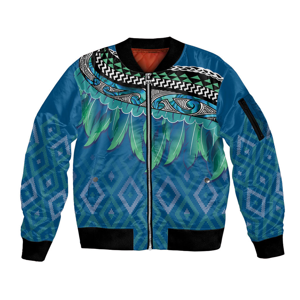 Aotearoa Maori Ngati Kahungunu Iwi Paua Blue Sleeve Zip Bomber Jacket Korowai Tukutuku Kaokao Motifs