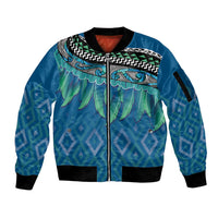 Aotearoa Maori Ngati Kahungunu Iwi Paua Blue Sleeve Zip Bomber Jacket Korowai Tukutuku Kaokao Motifs