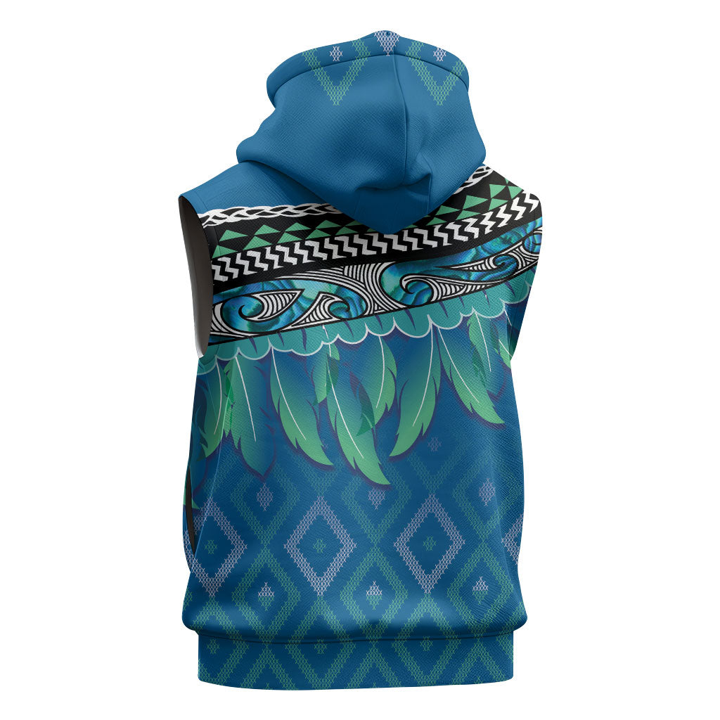 Aotearoa Maori Ngati Kahungunu Iwi Paua Blue Sleeveless Hoodie Korowai Tukutuku Kaokao Motifs