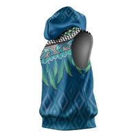 Aotearoa Maori Ngati Kahungunu Iwi Paua Blue Sleeveless Hoodie Korowai Tukutuku Kaokao Motifs