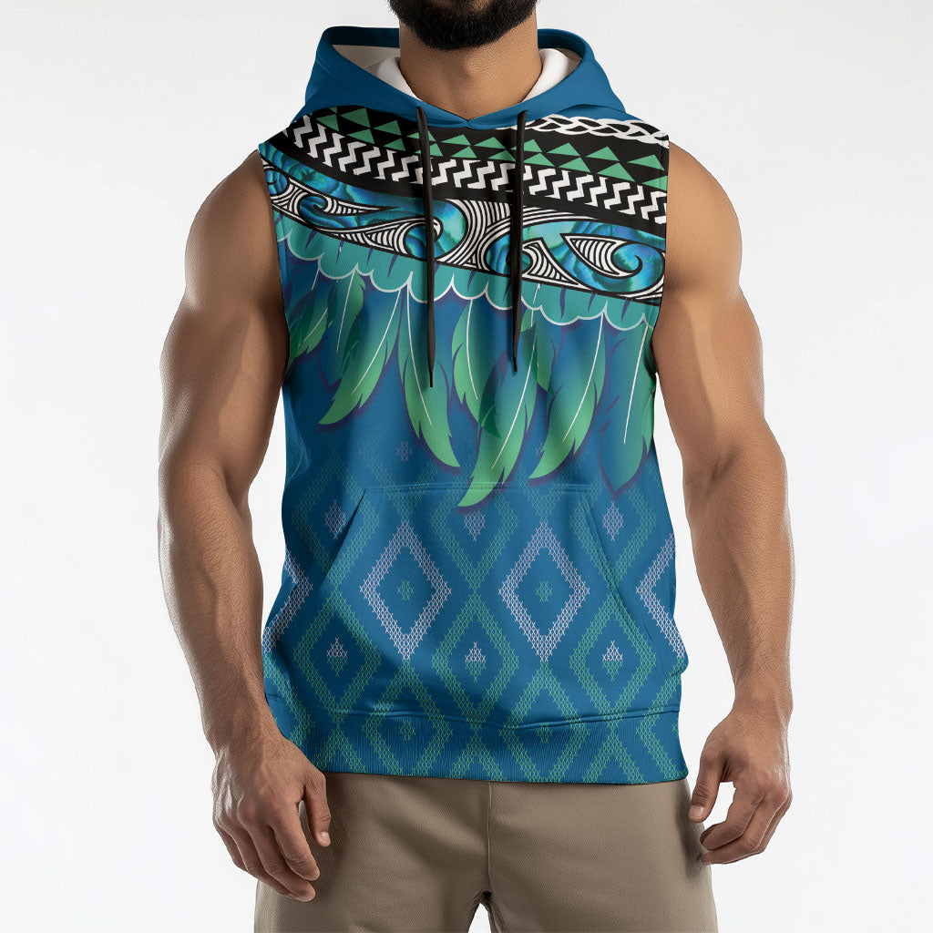 Aotearoa Maori Ngati Kahungunu Iwi Paua Blue Sleeveless Hoodie Korowai Tukutuku Kaokao Motifs