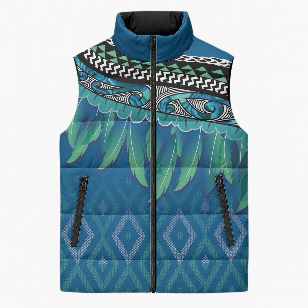 Aotearoa Maori Ngati Kahungunu Iwi Paua Blue Sleeveless Puffer Jacket Korowai Tukutuku Kaokao Motifs