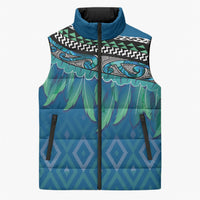 Aotearoa Maori Ngati Kahungunu Iwi Paua Blue Sleeveless Puffer Jacket Korowai Tukutuku Kaokao Motifs