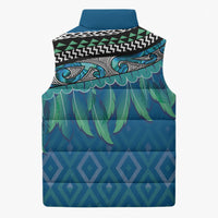 Aotearoa Maori Ngati Kahungunu Iwi Paua Blue Sleeveless Puffer Jacket Korowai Tukutuku Kaokao Motifs