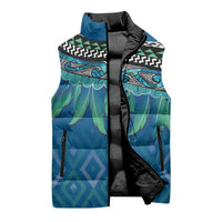 Aotearoa Maori Ngati Kahungunu Iwi Paua Blue Sleeveless Puffer Jacket Korowai Tukutuku Kaokao Motifs