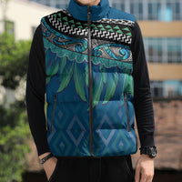 Aotearoa Maori Ngati Kahungunu Iwi Paua Blue Sleeveless Puffer Jacket Korowai Tukutuku Kaokao Motifs