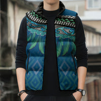 Aotearoa Maori Ngati Kahungunu Iwi Paua Blue Sleeveless Puffer Jacket Korowai Tukutuku Kaokao Motifs