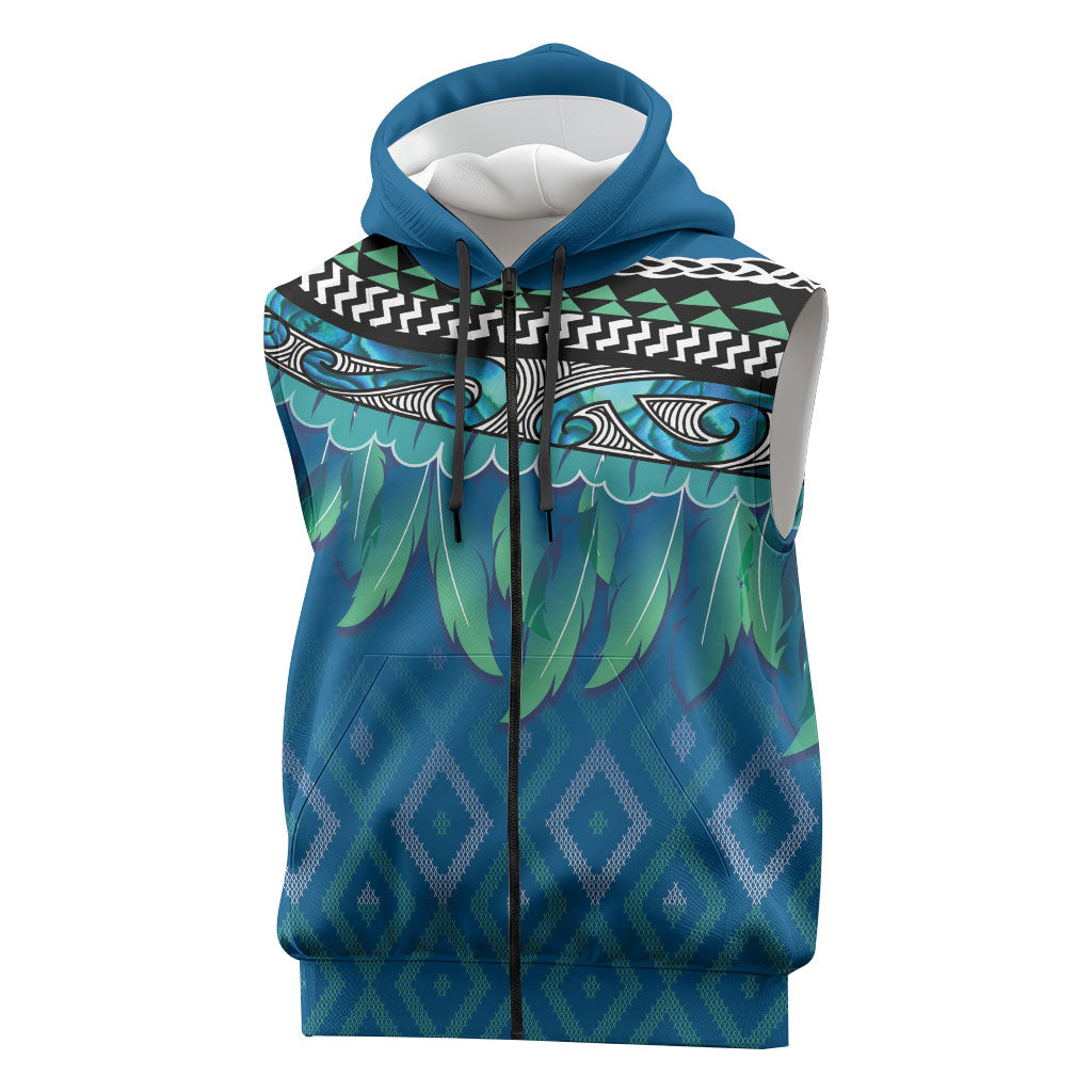 Aotearoa Maori Ngati Kahungunu Iwi Paua Blue Sleeveless Zip Hoodie Korowai Tukutuku Kaokao Motifs