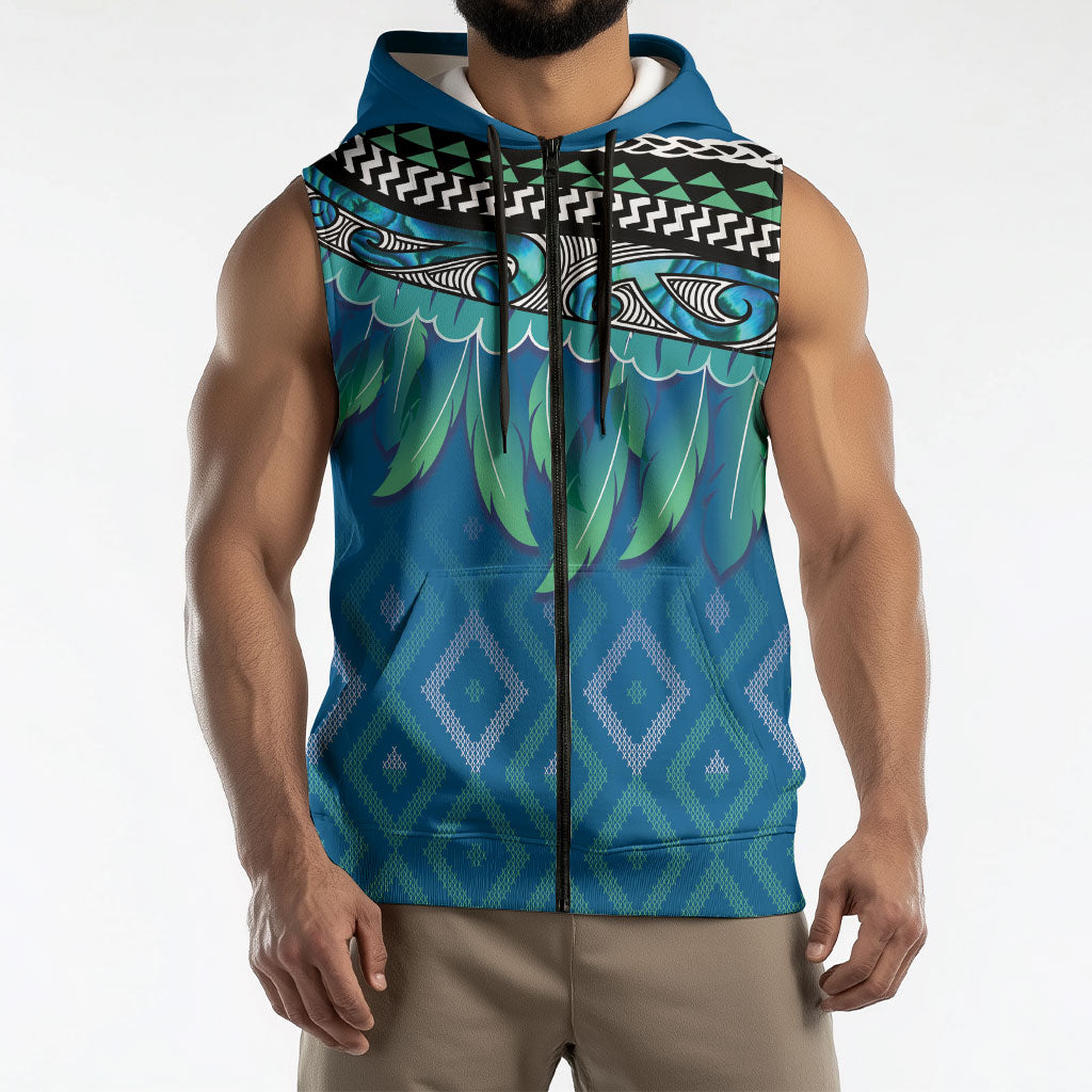 Aotearoa Maori Ngati Kahungunu Iwi Paua Blue Sleeveless Zip Hoodie Korowai Tukutuku Kaokao Motifs