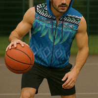 Aotearoa Maori Ngati Kahungunu Iwi Paua Blue Sleeveless Zip Hoodie Korowai Tukutuku Kaokao Motifs