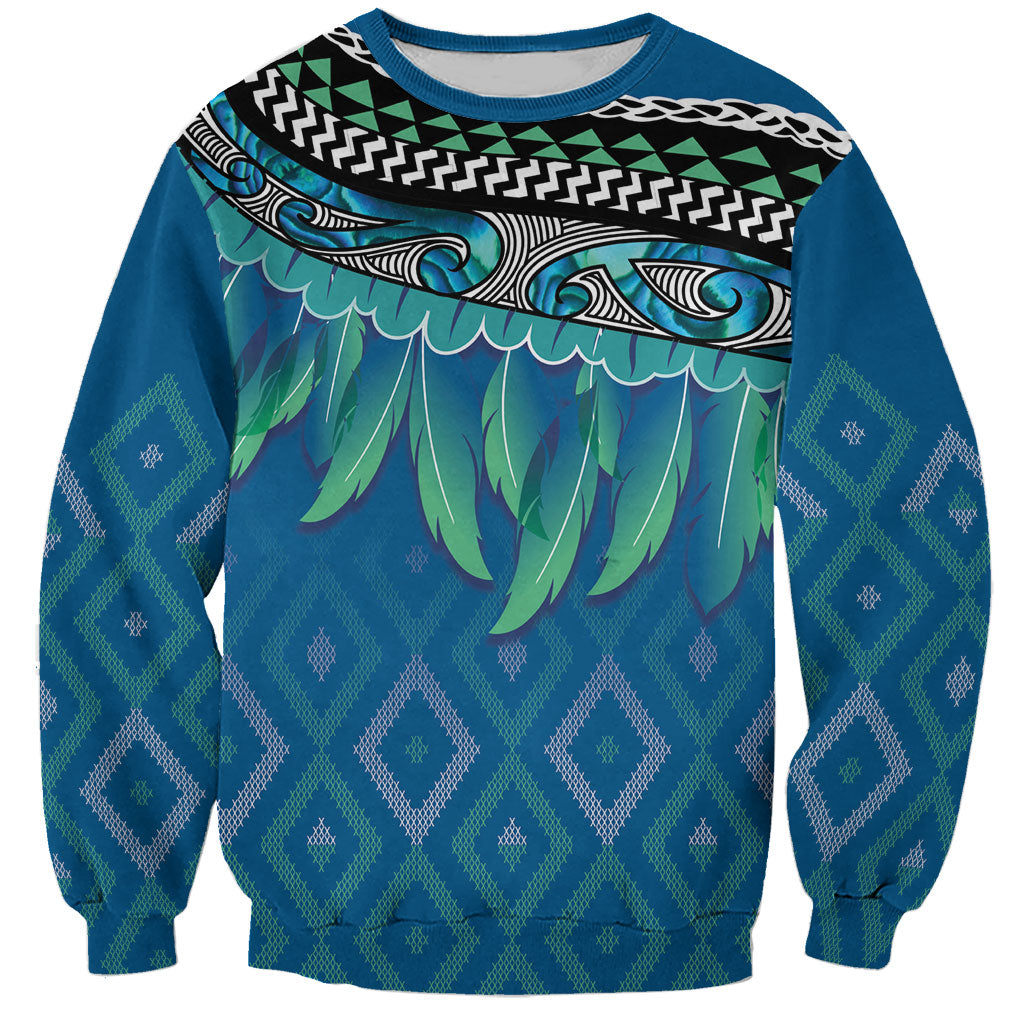 Aotearoa Maori Ngati Kahungunu Iwi Paua Blue Sweatshirt Korowai Tukutuku Kaokao Motifs