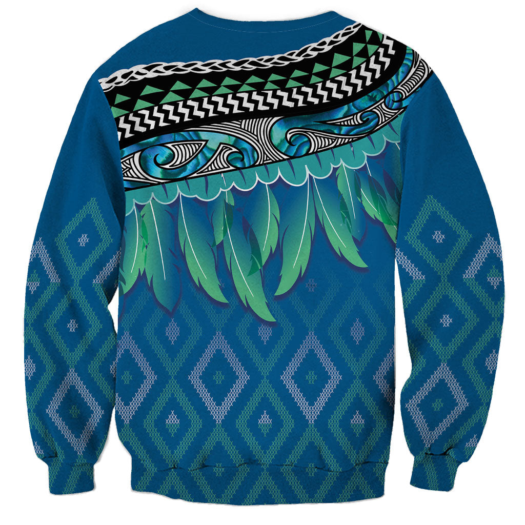 Aotearoa Maori Ngati Kahungunu Iwi Paua Blue Sweatshirt Korowai Tukutuku Kaokao Motifs