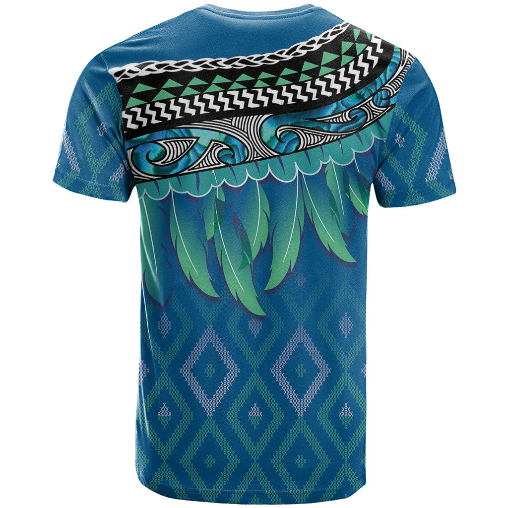 Aotearoa Maori Ngati Kahungunu Iwi Paua Blue T Shirt Korowai Tukutuku Kaokao Motifs