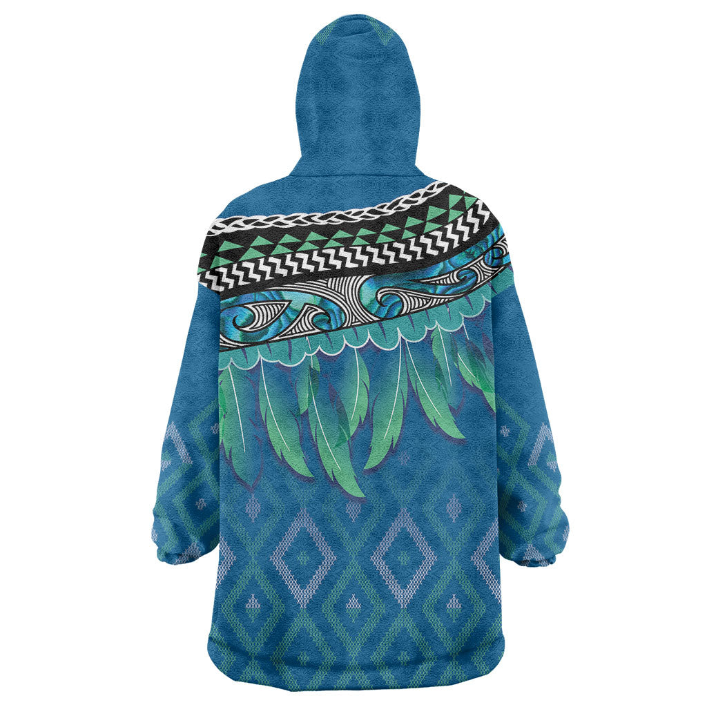 Aotearoa Maori Ngati Kahungunu Iwi Paua Blue Wearable Blanket Hoodie Korowai Tukutuku Kaokao Motifs