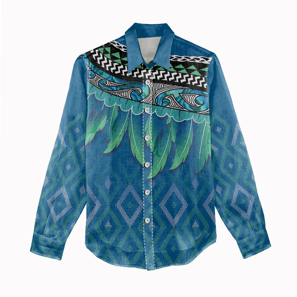 Aotearoa Maori Ngati Kahungunu Iwi Paua Blue Women Casual Shirt Korowai Tukutuku Kaokao Motifs