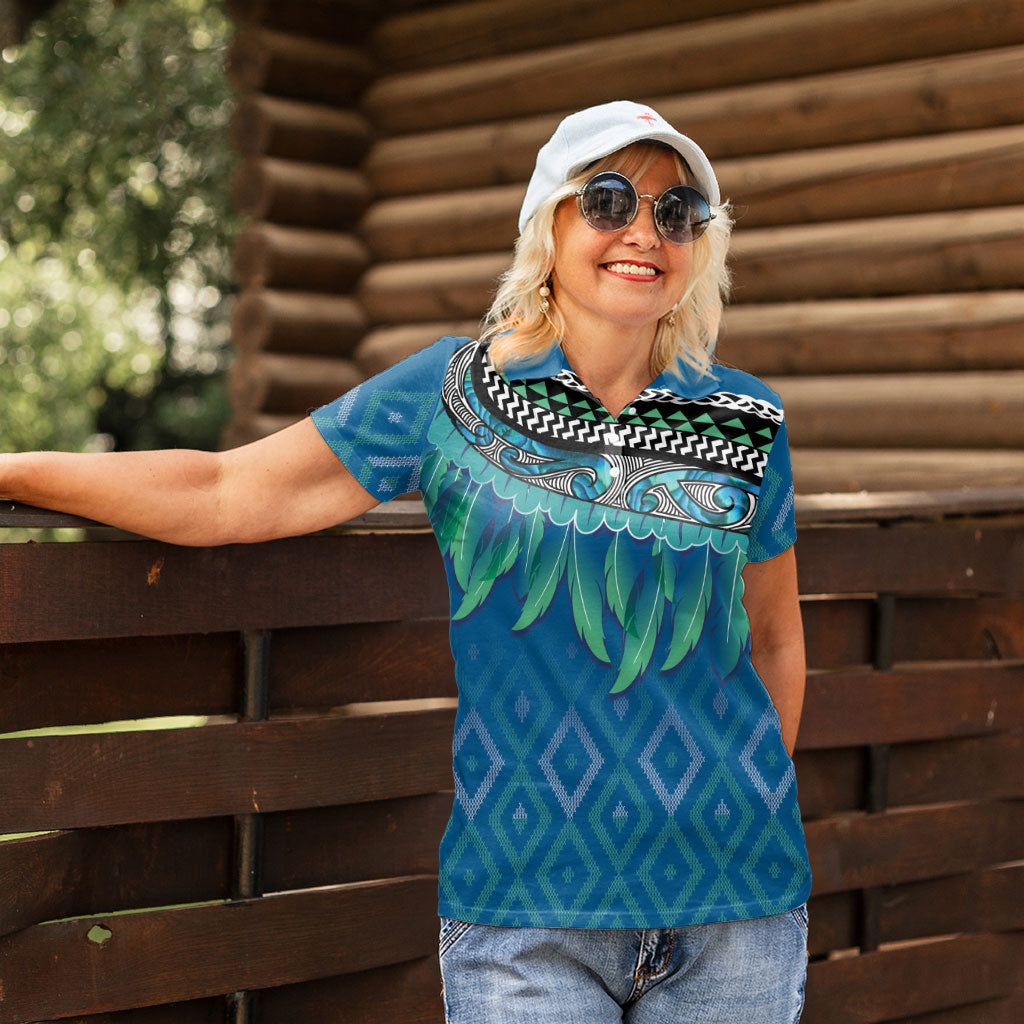 Aotearoa Maori Ngati Kahungunu Iwi Paua Blue Women Polo Shirt Korowai Tukutuku Kaokao Motifs