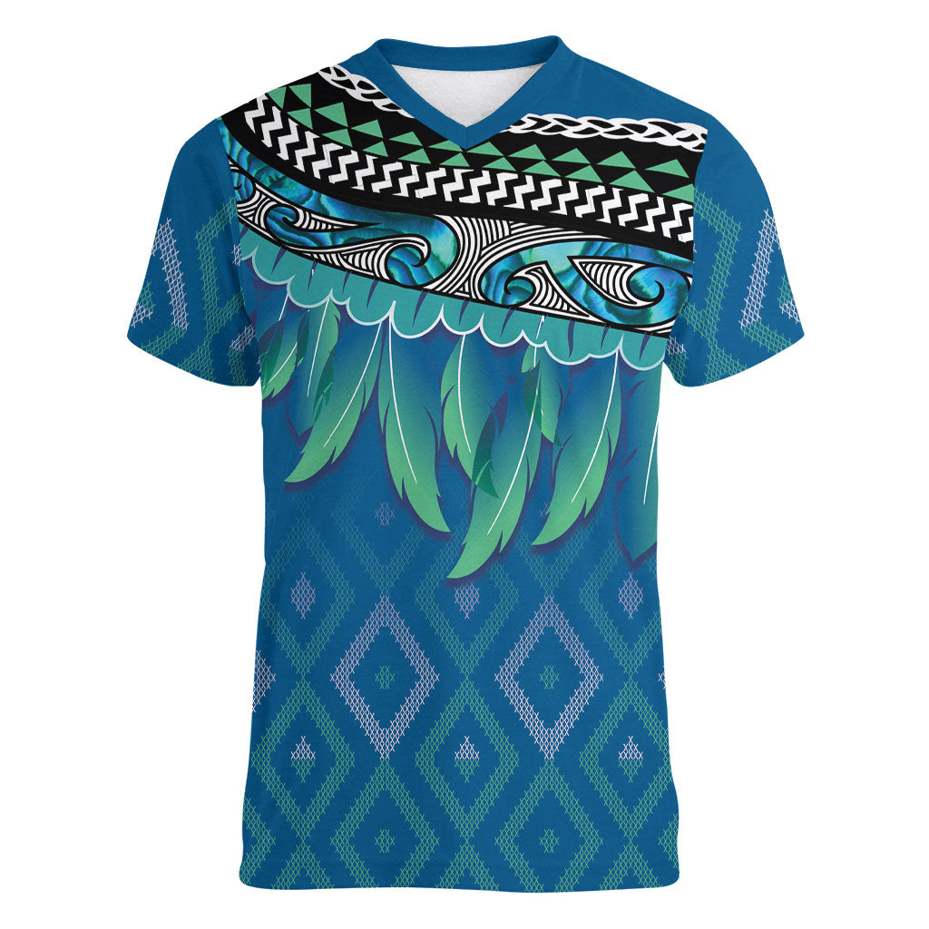 Aotearoa Maori Ngati Kahungunu Iwi Paua Blue Women V-Neck T-Shirt Korowai Tukutuku Kaokao Motifs