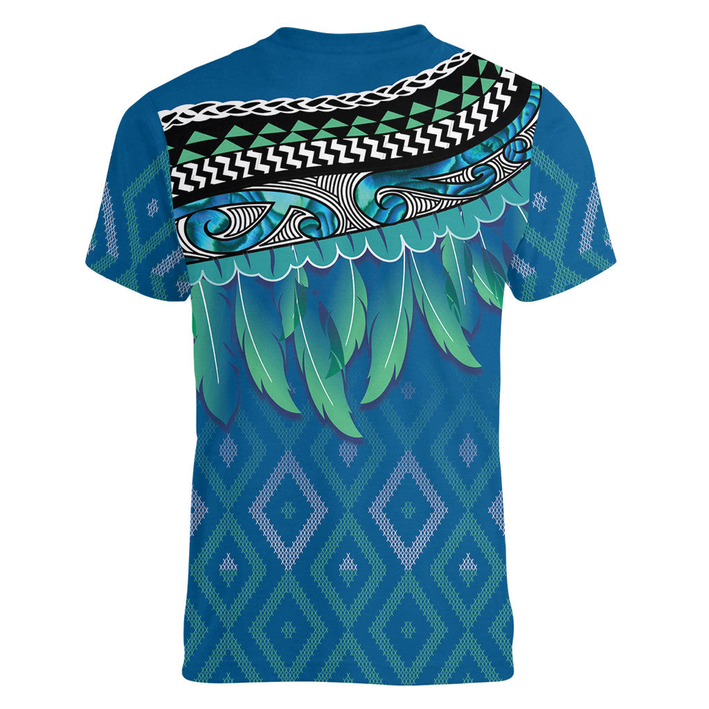 Aotearoa Maori Ngati Kahungunu Iwi Paua Blue Women V-Neck T-Shirt Korowai Tukutuku Kaokao Motifs