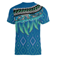 Aotearoa Maori Ngati Kahungunu Iwi Paua Blue Women V-Neck T-Shirt Korowai Tukutuku Kaokao Motifs